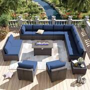 14-Piece Wicker Patio Conversation Set with 55000 BTU Gas Fire Pit Table and Glass Coffee Table and Navy Cushions