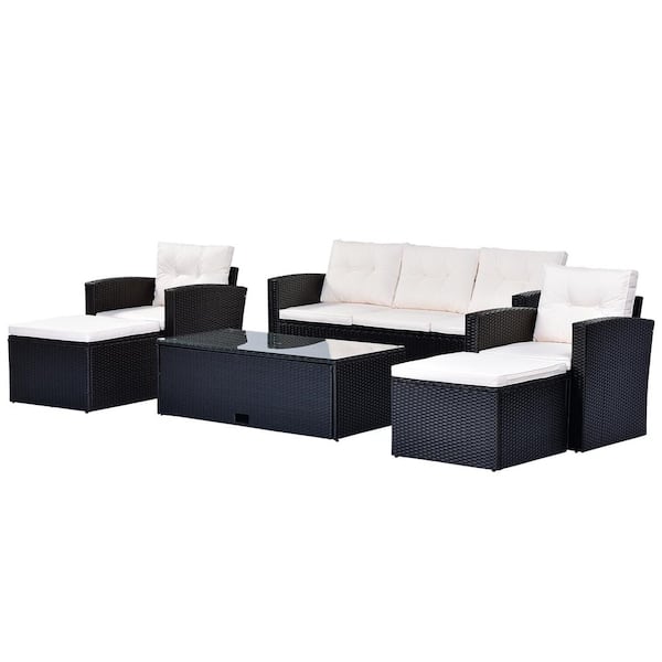 Zeus & Ruta Black 6-Piece All-Weather Wicker Outdoor Conversation Sectional Set with Coffee Table, Ottomans, Beige Cushions
