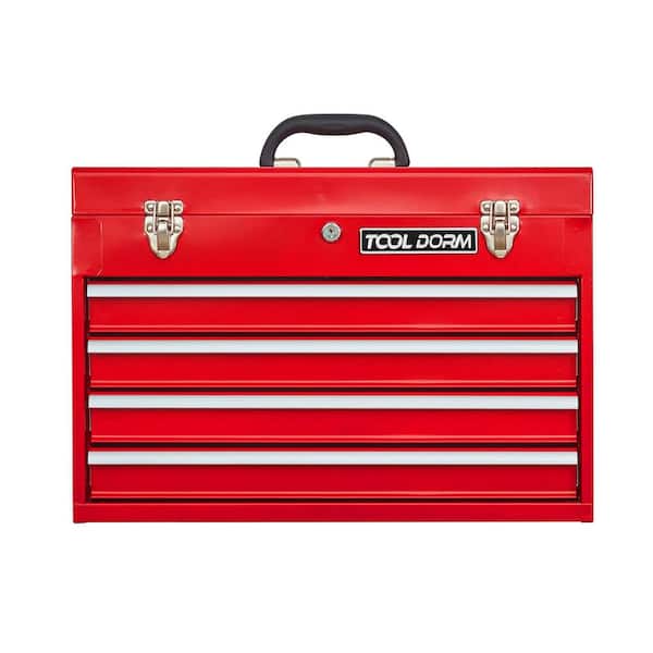 4-Drawer Metal Tool Box (8.8 in. W) - Steel Chest with Cylinder Lock, Latch, Liner and Red Powder Coating