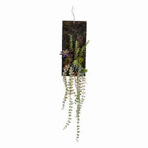 25 in. Green Artificial Mixed Leaf Plants on Wooden Plaque