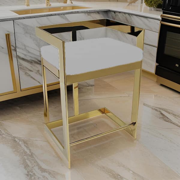 Benjara 26 in. Gray and Gold Low Back Metal Frame Bar Stool with Velvet Seat