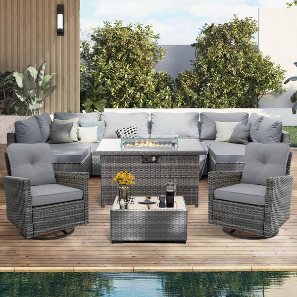 UPHA 10-Piece Wicker Patio Conversation Set with 50,000 BTU Wicker ...