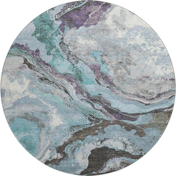 Mayfield Premium Machine Washable Abstract AMF1908 Teal 8 ft. x 8 ft. Round Rug