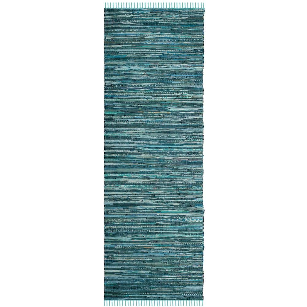 Handmade Turquoise and Multicolor Cotton Stripe Runner Rug, 2'3" x 12'