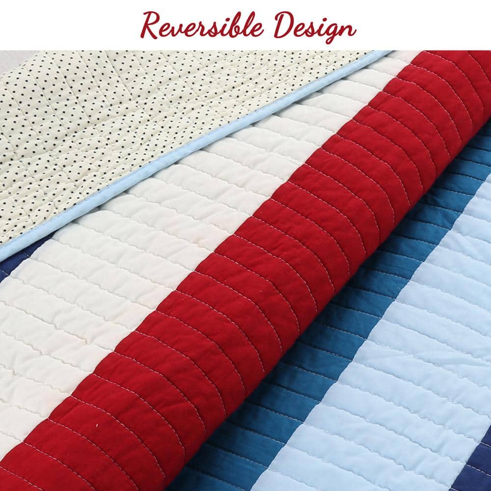 Navy and Red Striped Cotton Reversible Queen Quilt Set