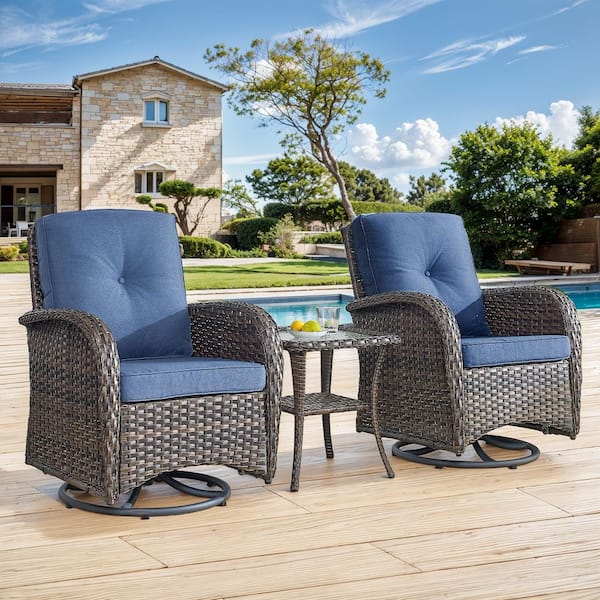 Flatarmrest 5-Piece Brown Wicker Patio Conversation Set with Olefin Blue Cushion/Loveseat/Patio Swivel Glider Chairs