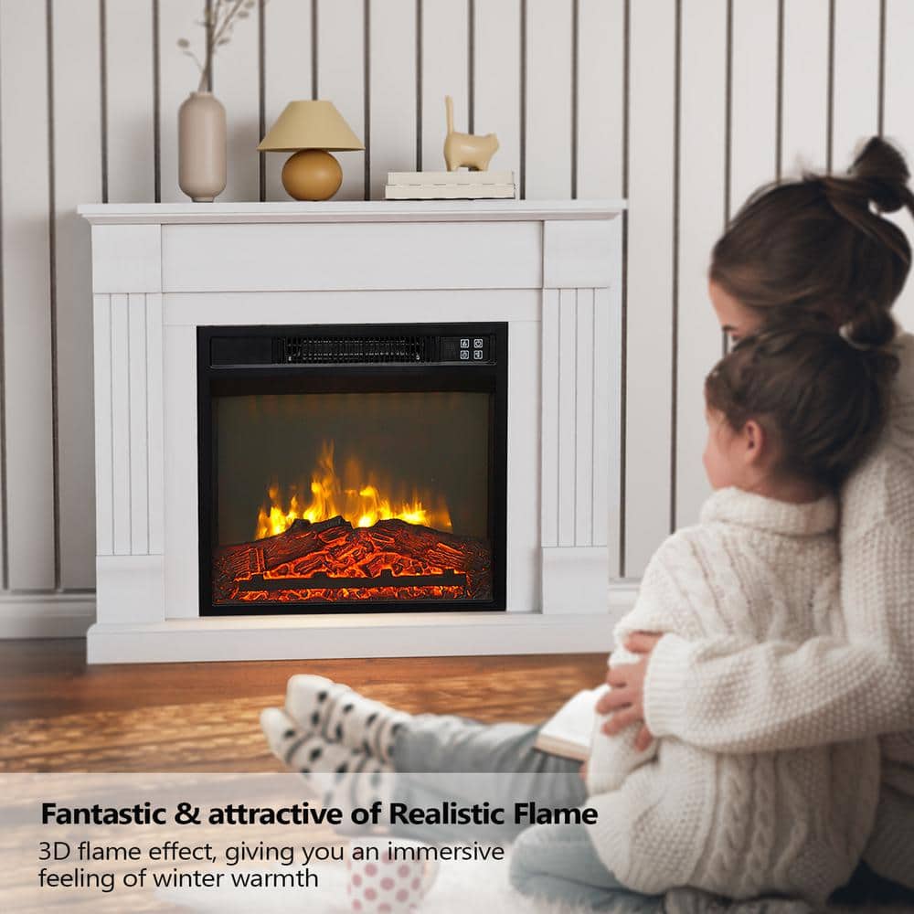 32" White Freestanding Electric Fireplace with Wooden Cabinet