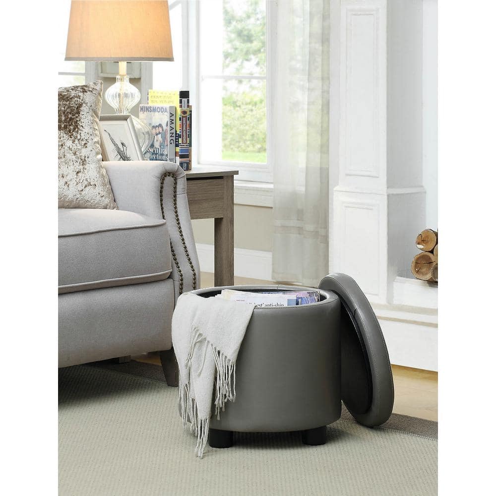 Gray Faux Leather Round Storage Ottoman with Reversible Tray Lid