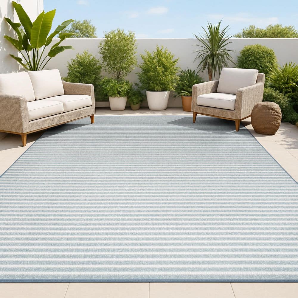 Aarhus High-Low Minimalist Scandi Striped Blue/Ivory 4 ft. x 6 ft. Indoor/Outdoor Area Rug price history on PriceWatchPro