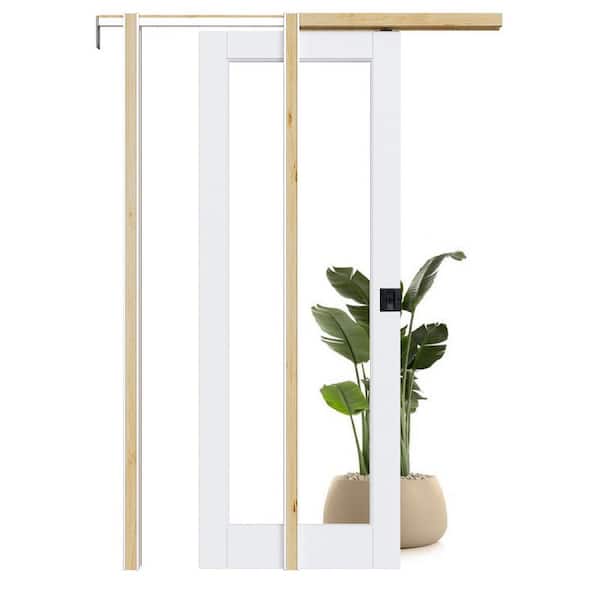 32 in. x 80 in. 1-Lite Clear Glass White Primed MDF Pocket Sliding Door with Hardware (Soft Close and Black Lock Incl)