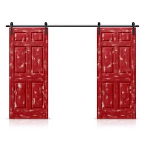 30 in. x 80 in. Vintage Red Stain Composite MDF 6-Panel Interior Double Sliding Barn Door with Hardware Kit