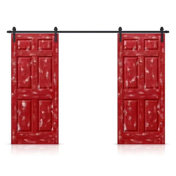 CALHOME 36 in. x 80 in. Vintage Red Stain Composite MDF 6-Panel Interior Double Sliding Barn Door with Hardware Kit