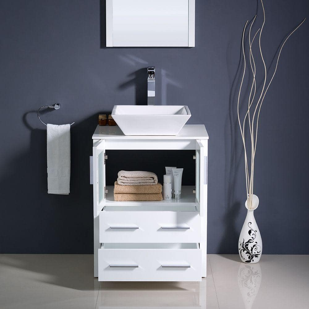 Modern 24" White Engineered Wood Bathroom Vanity Set with Ceramic Vessel Sink