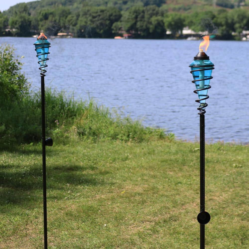 Adjustable Height Blue Glass and Metal Swirl Patio Torch Set