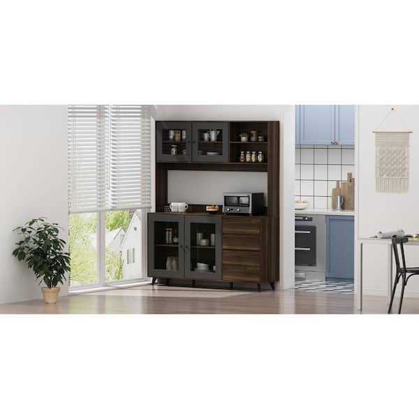 FUFU&GAGA Large Kitchen Pantry Cabinet Buffet with 4-Drawers Hooks Open Shelves and Glass Doors 63 in. W x 15.7 in. D x 76.8 in. H