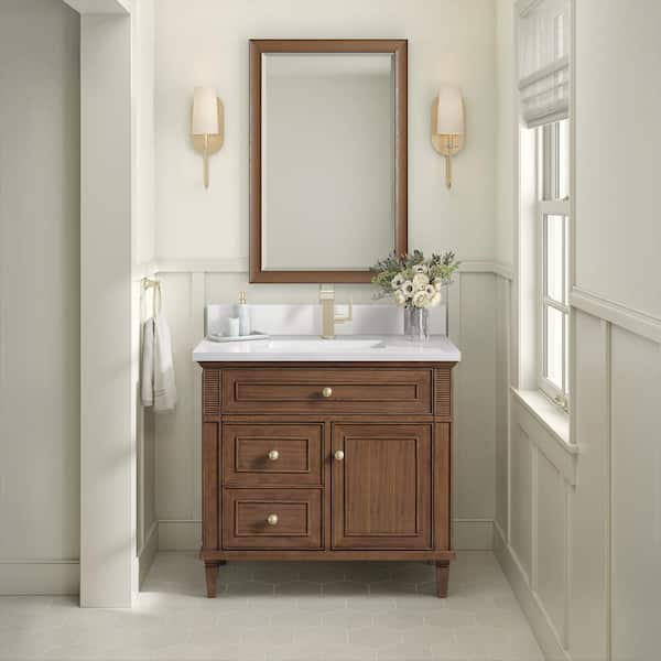 James Martin Vanities Lorelai 36.0 in. W x 23.5 in. D x 34.06 in. H Single Sink Bath Vanity in Mid-Century Walnut with White Zeus Quartz Top