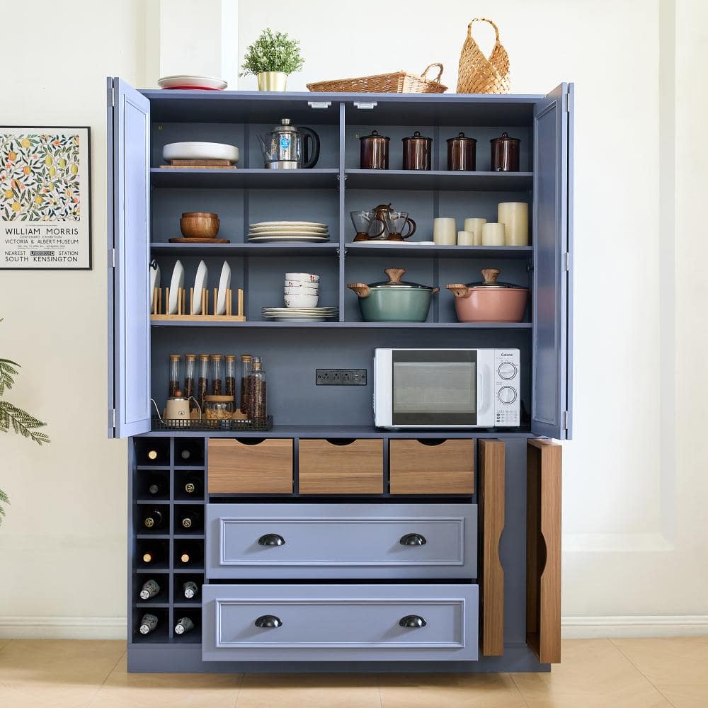 71" Gray Farmhouse Pantry with Foldable Doors, Power Outlet, Shelves & Wine Racks