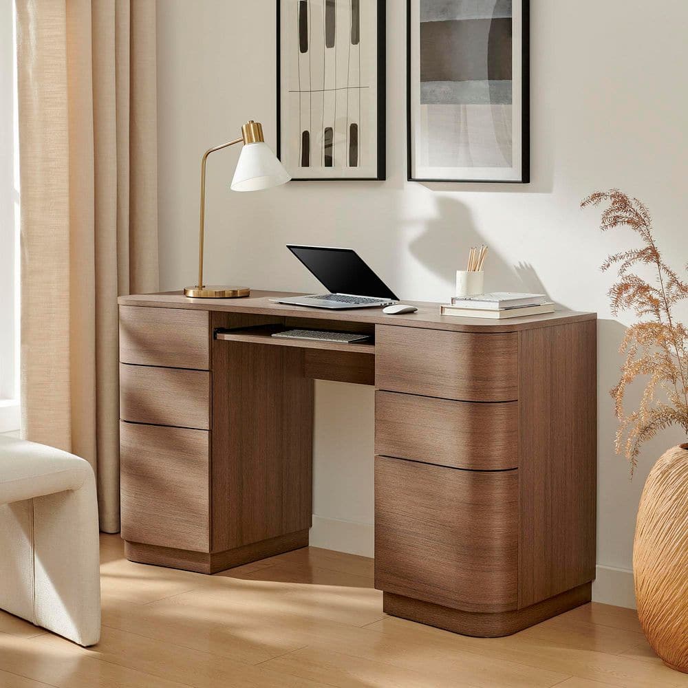 MODWAY Mirae 55 in. Computer Desk with Drawers in Brushed Brown