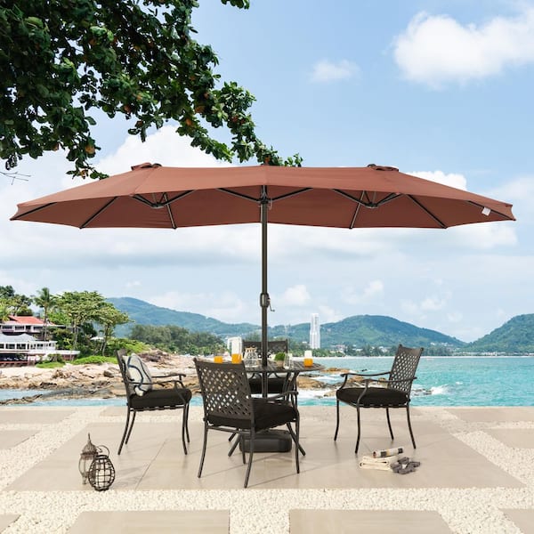 TOP HOME SPACE 15 ft. x 9 ft. Steel Market Double-sided Patio Umbrella in Brown