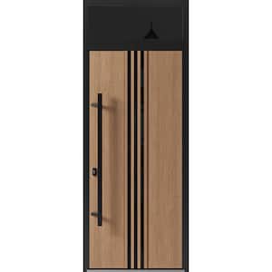 1055 36 in. x 96 in. Right-hand/Inswing Transom Tinted Glass Teak Steel Prehung Front Door with Hardware