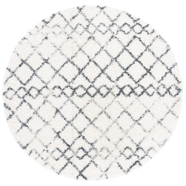 Fontana Shag 3 ft. x 3 ft. Ivory/Gray Distressed Geometric Round Area Rug