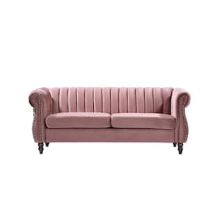 Louis 76.4 in. W Round Arm Velvet 3-Seats Straight Chesterfield Sofa with Nailheads in Pink