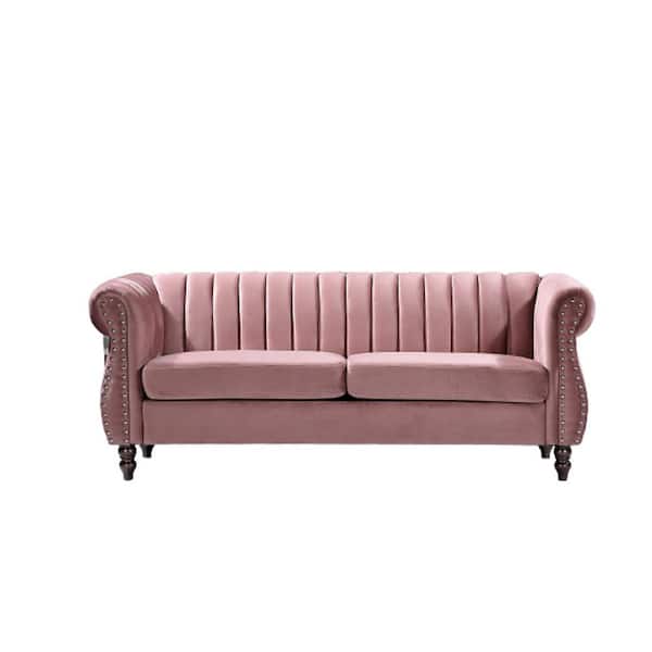 Us Pride Furniture Louis 76 4 In W Round Arm Velvet 3 Seats Straight Chesterfield Sofa With Nailheads Pink