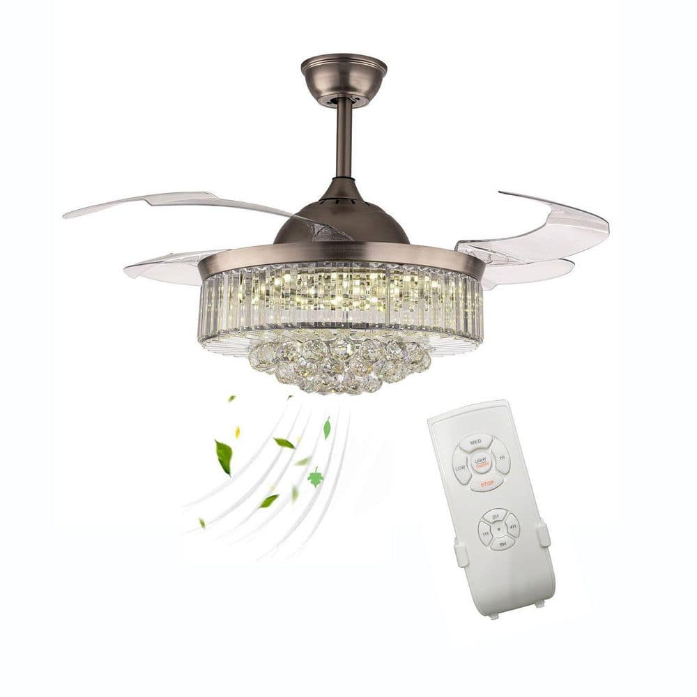 OUKANING 36 in. Integrated LED Indoor Silver Modern Invisible Retractable  Crystal Ceiling Fan with Light and Remote HG-HCX-2425-US - The Home Depot