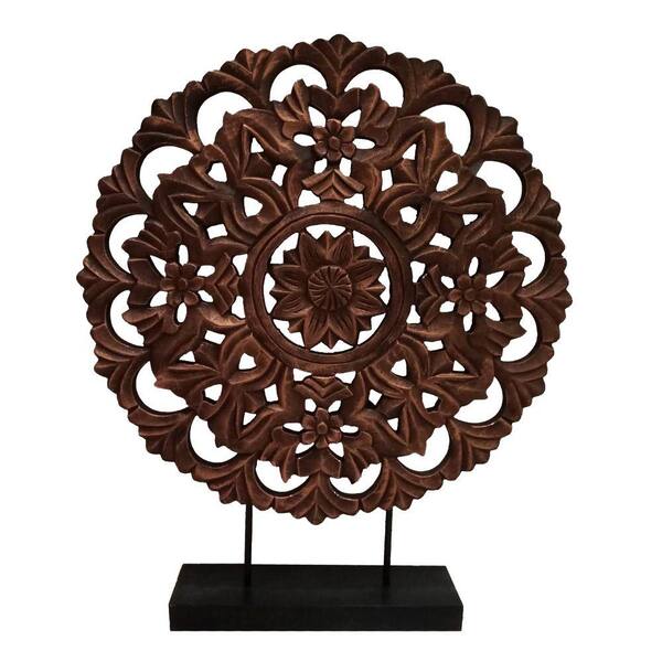 The Urban Port Rustic Brown Large Intricately Carved Round Wooden Wheel Sculpture On Rectangular Stand Upt 205944 Home Depot The Urban Port Rustic Brown Large, Large Round Carved Wood Wall Art