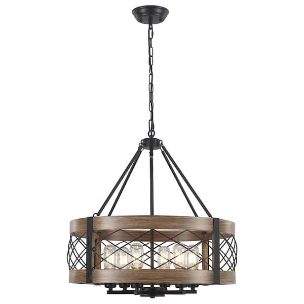 6-Light Black and Imitation Wood Grain Adjustable Dining Room Chandelier, Farmhouse Chandelier with Metal Shade