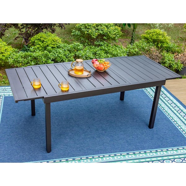 Black 9 Piece Metal Patio Outdoor Dining Set with Extendable Table and Rattan Chairs with Blue Cushion
