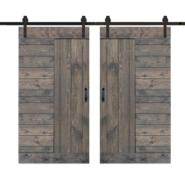ISLIFE L Series 84 in. x 84 in. Smoky Gray Finished Solid Wood Double Sliding Barn Door with Hardware Kit - Assembly Needed