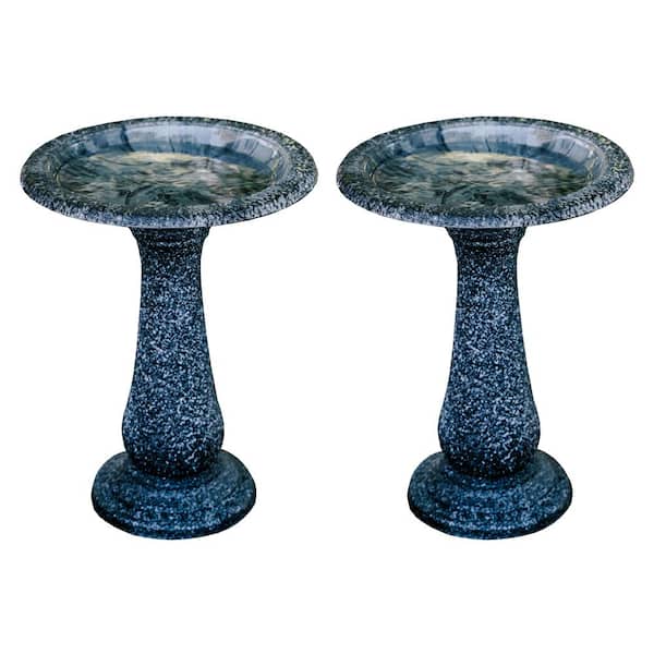 XBRAND 23.6 in. Tall Black with Speckled Gray Fiber Stone Birdbaths with Round Pedestal and Base (Set of 2)