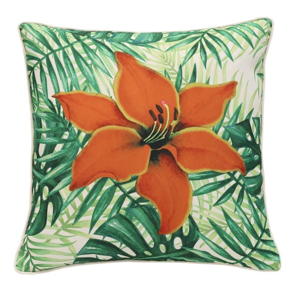 Commonwealth Home Fashions Tropical 18 in. x 18 in. Square Outdoor Reversible Throw Pillow Multi-Colored Hibiscus Print