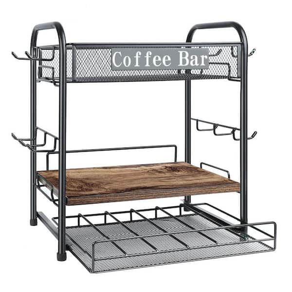 10-Hook Black Coffee Mug Tree Station Organizer with 3 Tier Storage Shelf Pod Drawer and Guardrail for Countertop