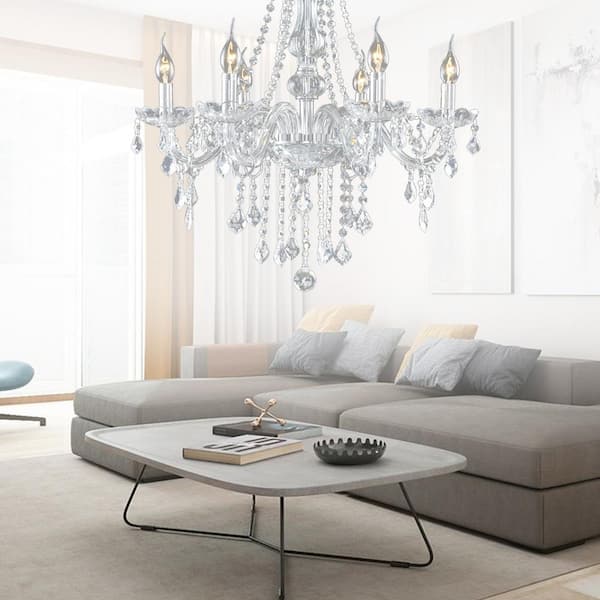 Lamqee 33 In H X 22 W 6 Light Clear Pendant Lighting Fixture Chandelier With K9 Crystal Dangles 09ftl0006acl The Home Depot K9 Crystal Dangles, Living Room Lighting Fixtures Home Depot
