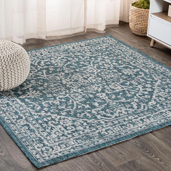 Teal/Gray 5 ft. Square Malta Bohemian Medallion Textured Weave Indoor/Outdoor Area Rug