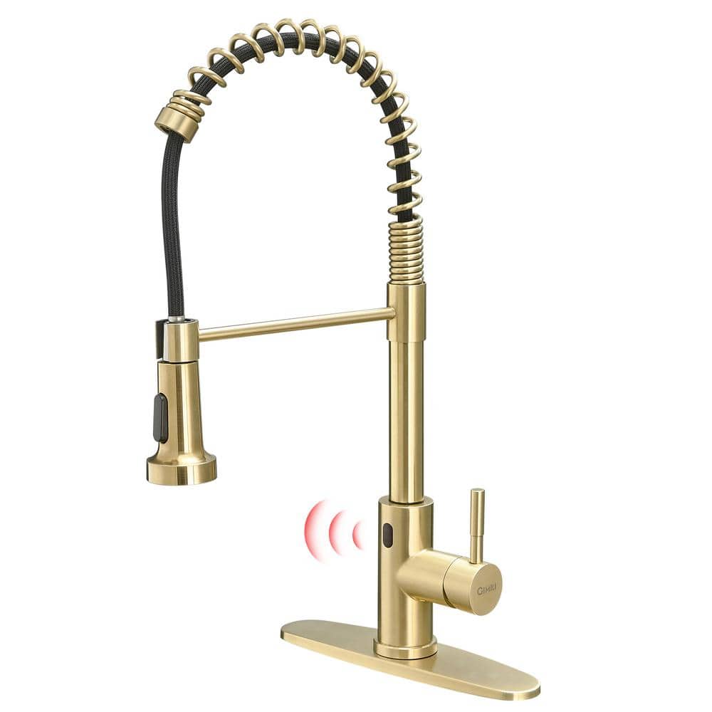 Single Handle Pull Down Sprayer Kitchen Faucet in Brushed Gold, Free Automa