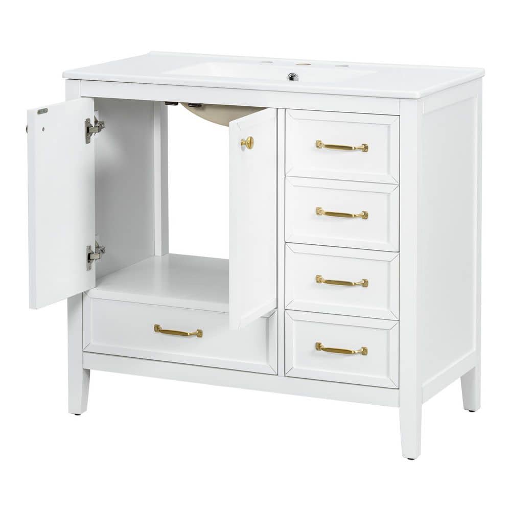 36 in. Single Sink Freestanding White Bath Vanity with White Ceramic Top, 4 Drawer, Unassembled