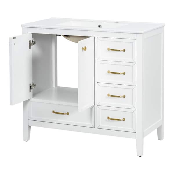 36 in. Single Sink Freestanding White Bath Vanity with White Ceramic Top, 4 Drawer, Unassembled