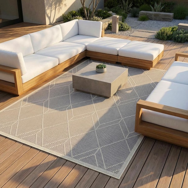 Liguria Noli Dove Gray 9 ft. x 12 ft. High-Low Trellis Indoor/Outdoor Area Rug