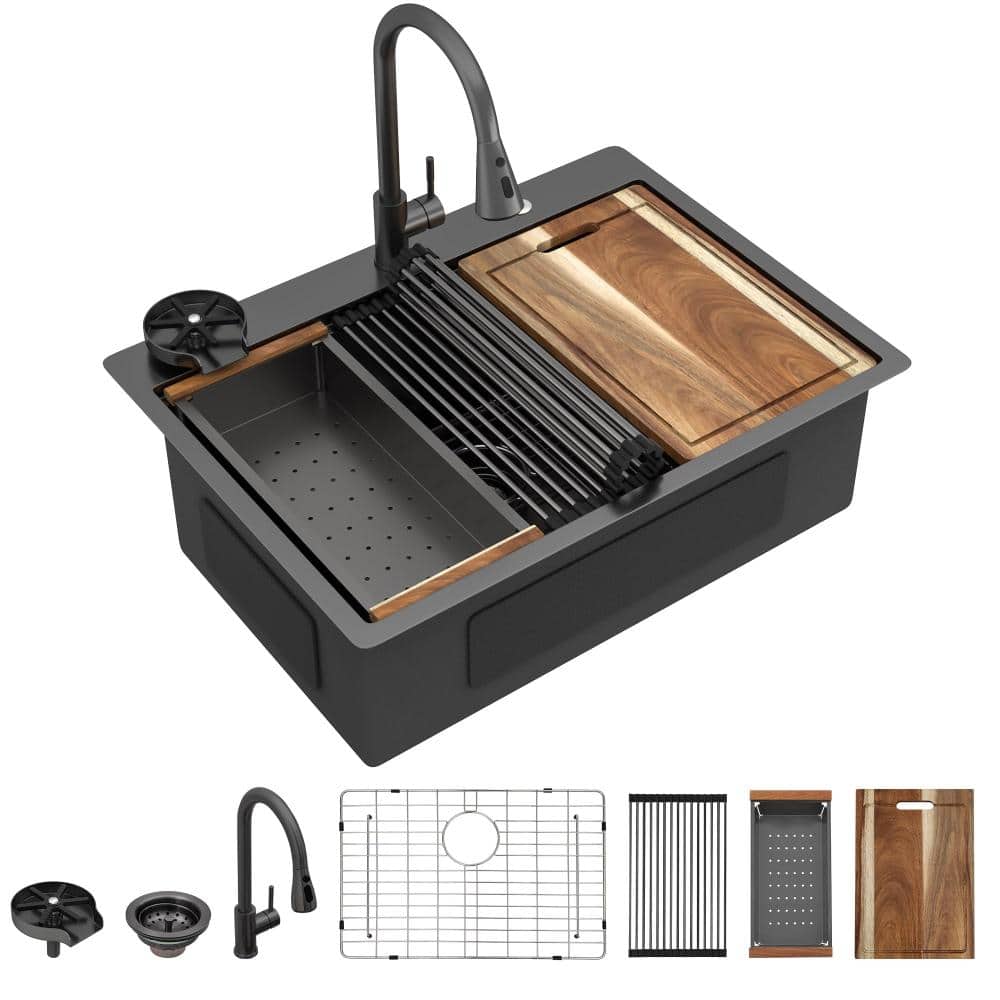 28 in. Gunmetal Black Drop-In 16-Gauge Stainless Steel Workstation Kitchen Sink Single Bowl with Faucet & Glass Rinser price history on PriceWatchPro