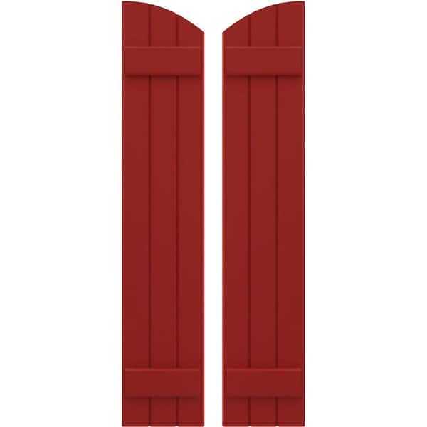 Ekena Millwork 10-1/2 in. W x 54 in. H Americraft Exterior Real Wood Joined Board and Batten Shutters with Elliptical Top in Fire Red