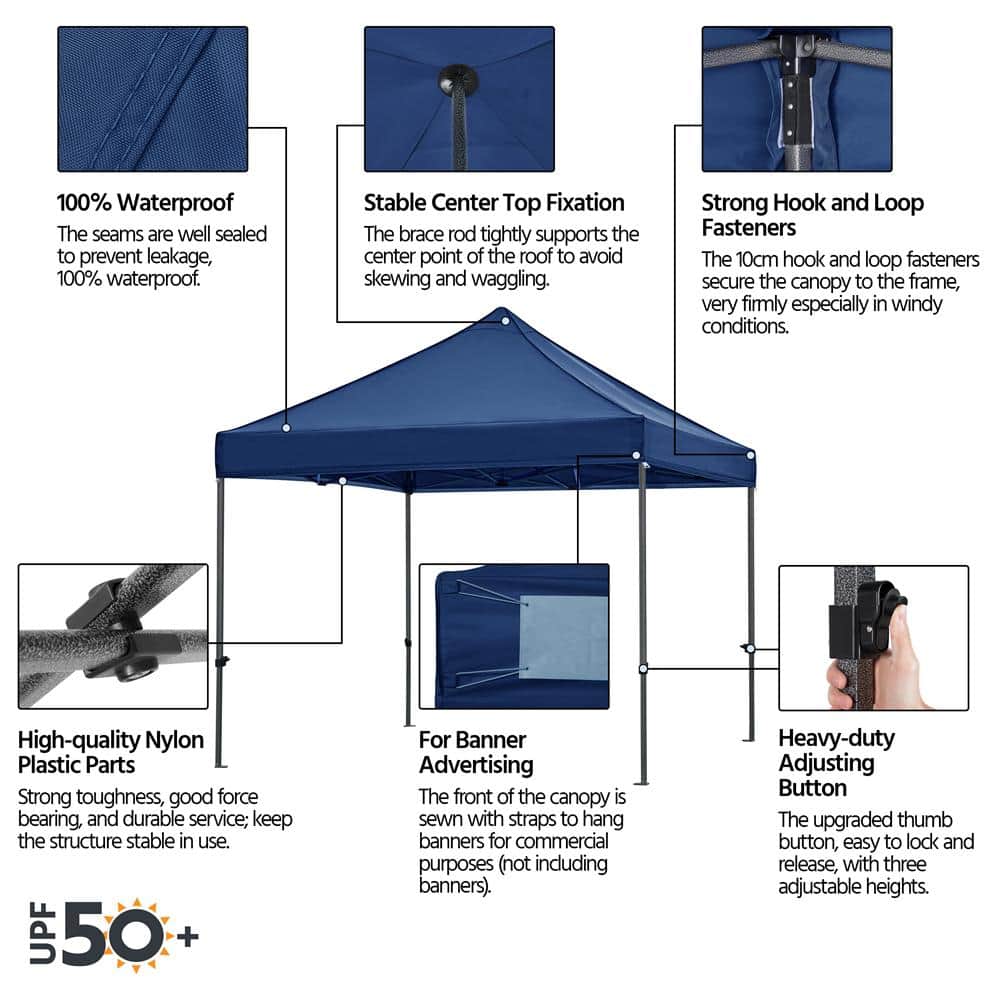 Navy Blue 10 ft x 10 ft Adjustable Height Pop-Up Canopy Tent