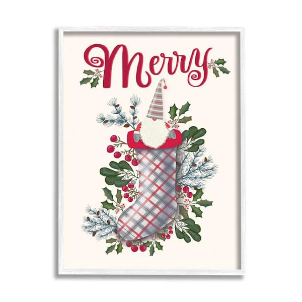 Stupell Industries Merry Christmas Gnome Plaid Holly Stocking By Darlene Seale Framed Print Abstract Texturized Art 16 in. x 20 in.