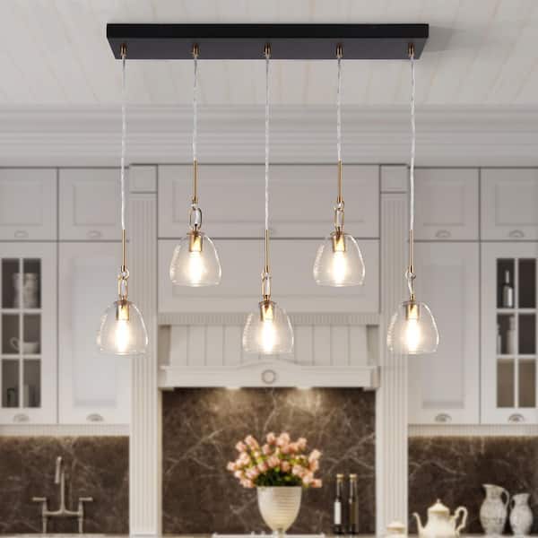 Modern 5-Light Black and Brass Linear Chandelier for Kitchen Island with Bell Glass Shades and No Bulbs Included