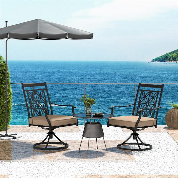 Black Metal Outdoor Dining Chair with Beige Cushion 2-Pack