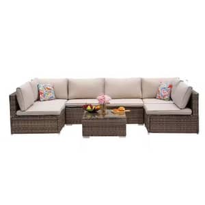 7-Piece Brown Wicker Outdoor Sectional Set with Beige Cushions and Table
