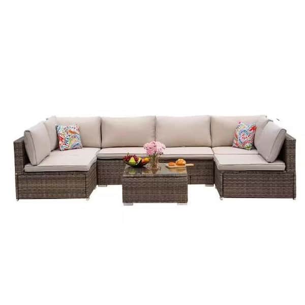 Sudzendf 7-Piece Brown Wicker Outdoor Sectional Set with Beige Cushions and Table