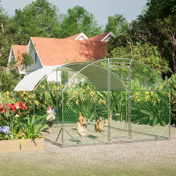 Outdoor Farm Silver Metal Walk-In Coop Poultry Cage w/Waterproof UV Cover, 1 in. Tubing 9.84 ft. x 19.68 ft. x 6.56 ft.